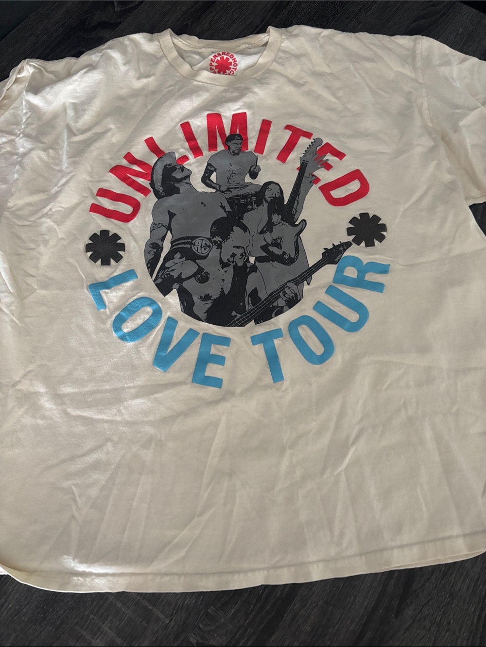 Unlimited Love Tour Tee - White with Red & Blue Print red hot chili pepers